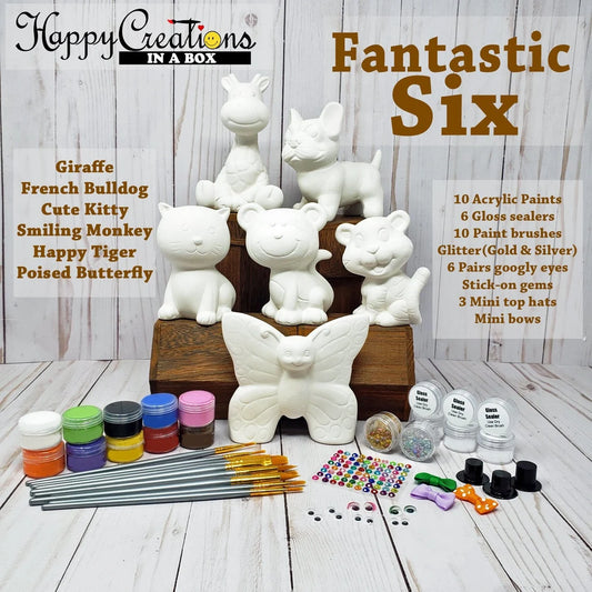 🎨🐾 Fantastic Six Ceramic Painting Kit – Paint, Create, and Celebrate! 🐯🦒🐶🦋