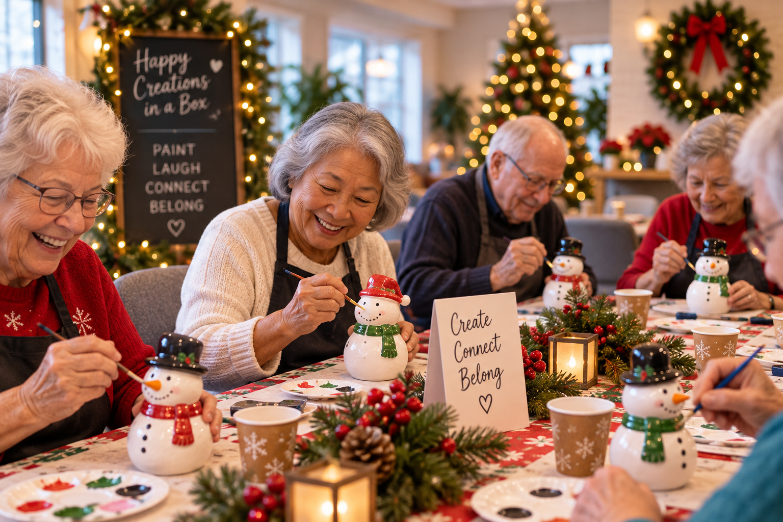 Senior community residents painting ceramic snowmen at a festive holiday gathering